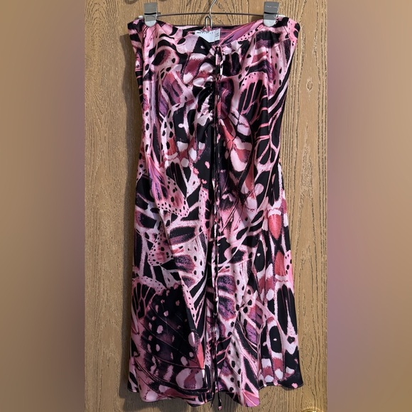 Asos Pink Butterfly Cord Tie Front Ruched Midi Skirt Size 10 Satin Side Zip - Picture 1 of 8